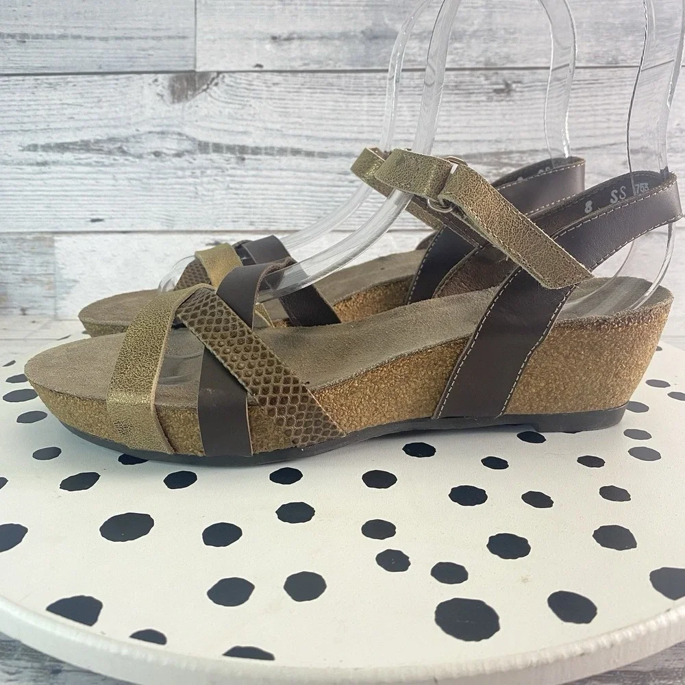 Munro Eden Wedge Sandals Womens 8 Brown Metallic Leather Strappy Comfort Shoes